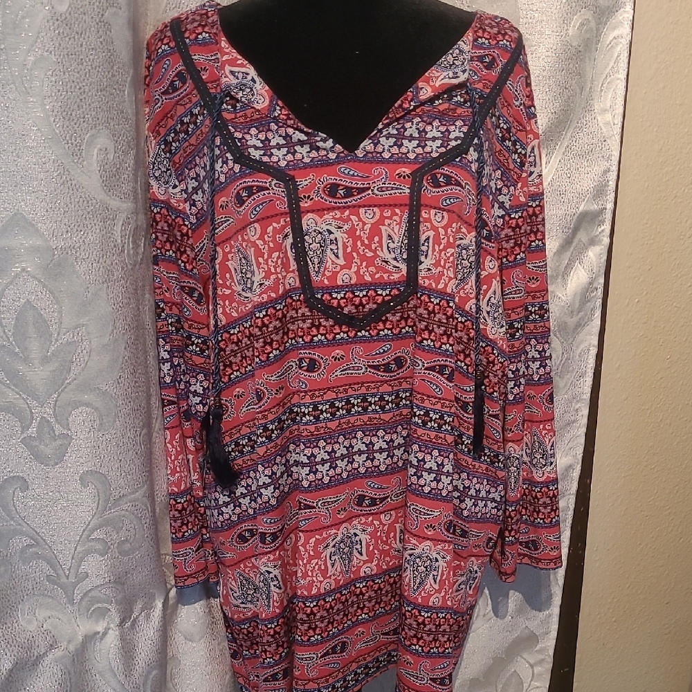 Bohemian Red and Blue Patterned Blouse